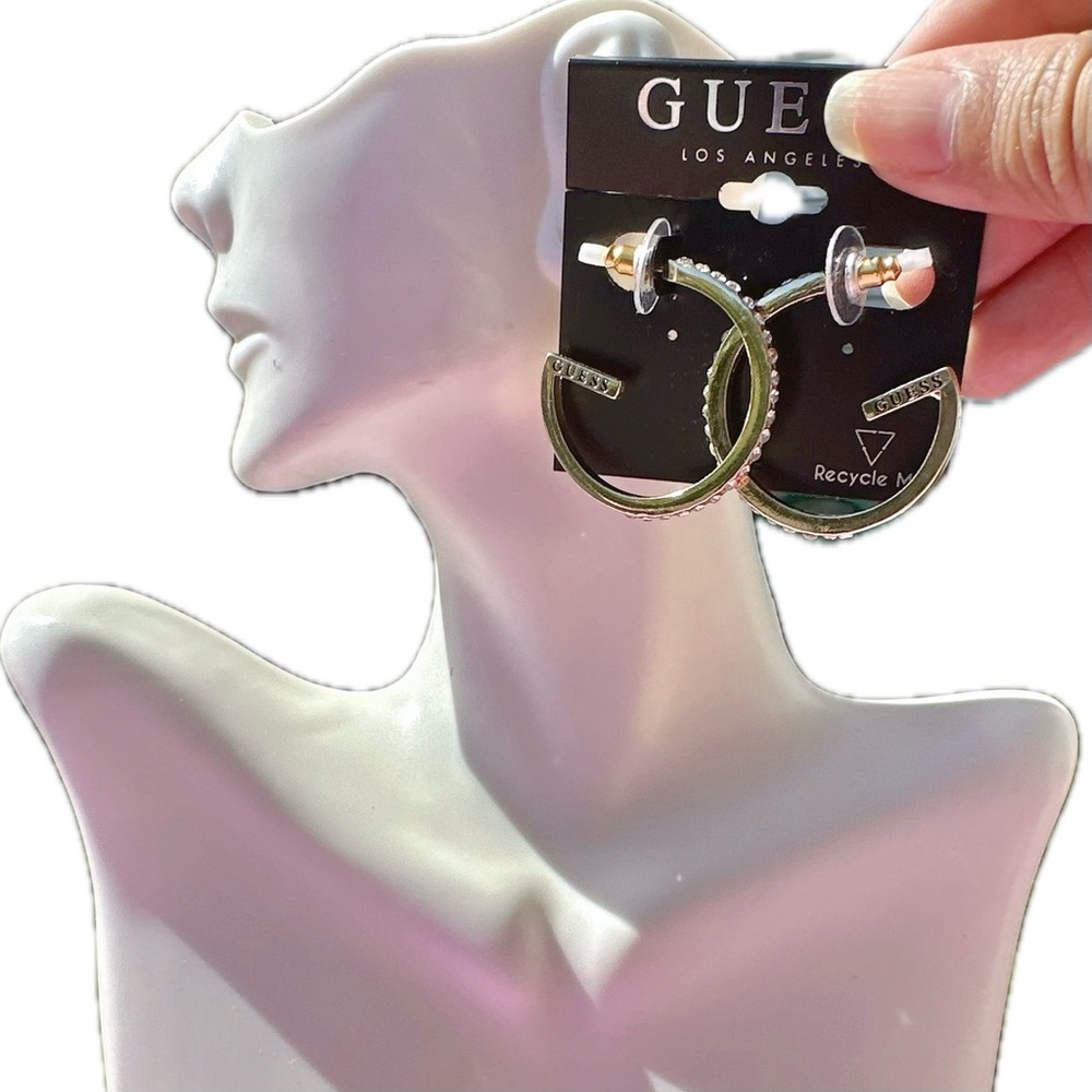 Guess Earrings G shape open loop diamond paved drops gold tone logo signed